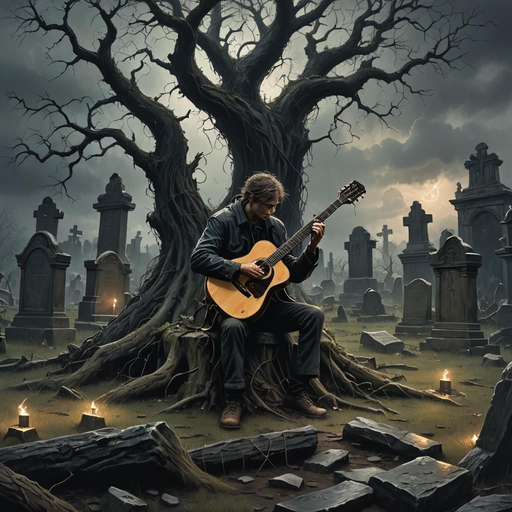 Lonely Guitarist in Ruined Graveyard, Ominous Oil Painting