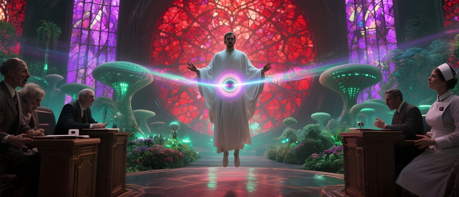 Retro-Futuristic Alien Garden with Levitating Man