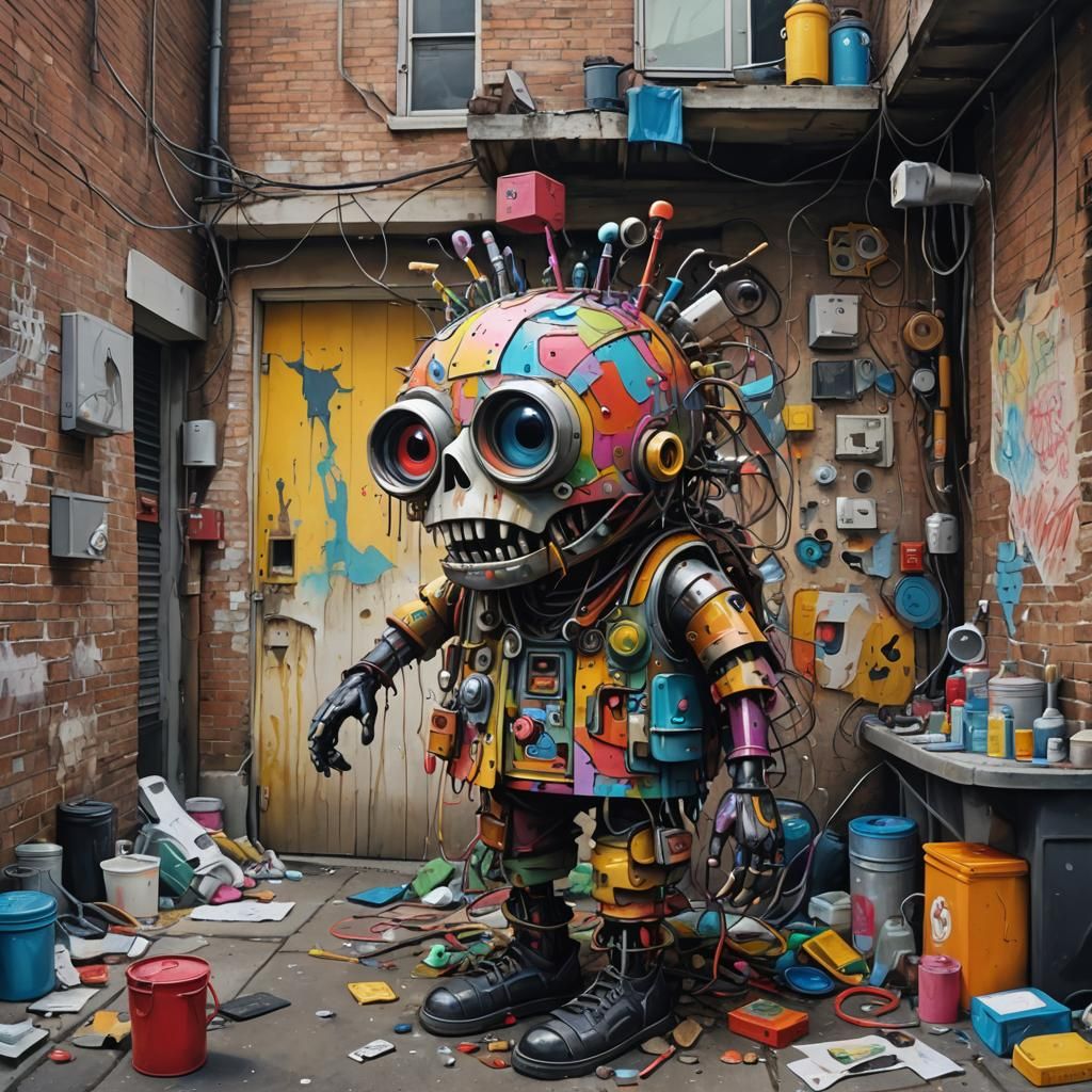 Surreal Junk Monster in Colorful Back Alley