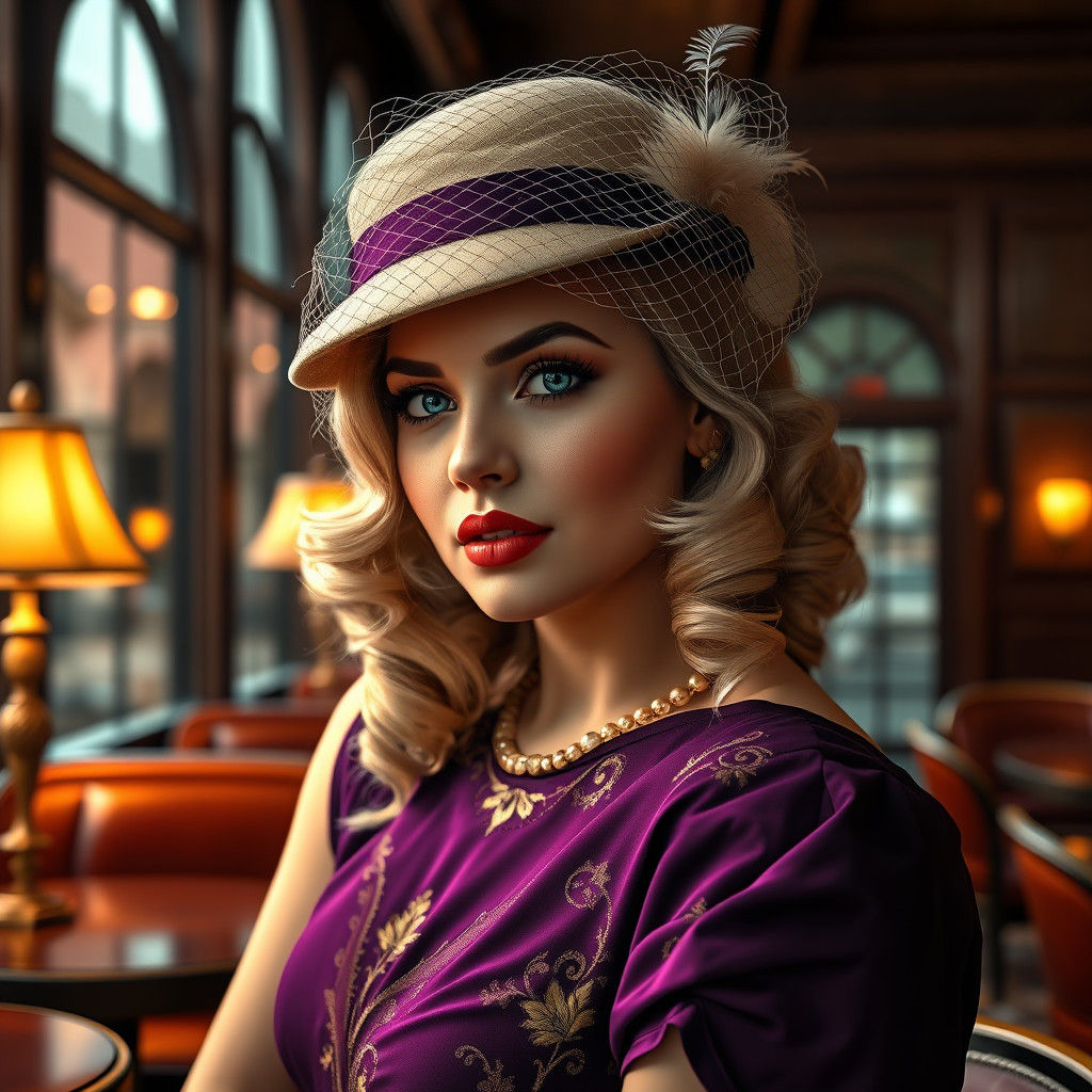 Glamorous Plus-Size Woman in 1940s Art Deco Cafe