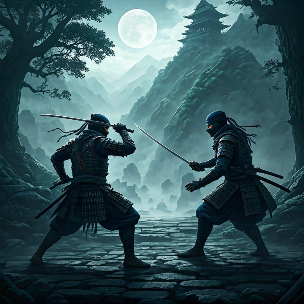 Ninjas Duel Under Moonlit Japanese Mountains