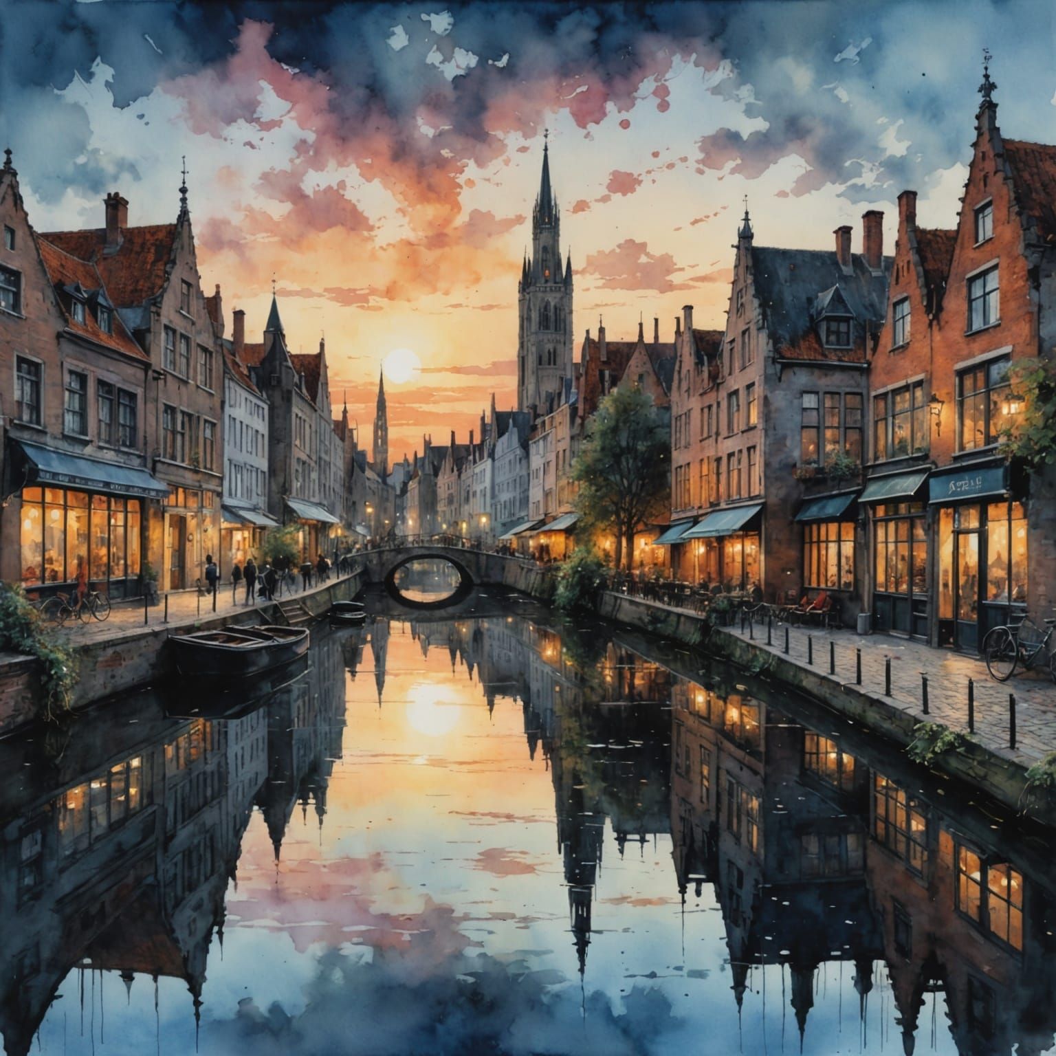 Bruges Cityscape with Romantic Lake at Blue Hour