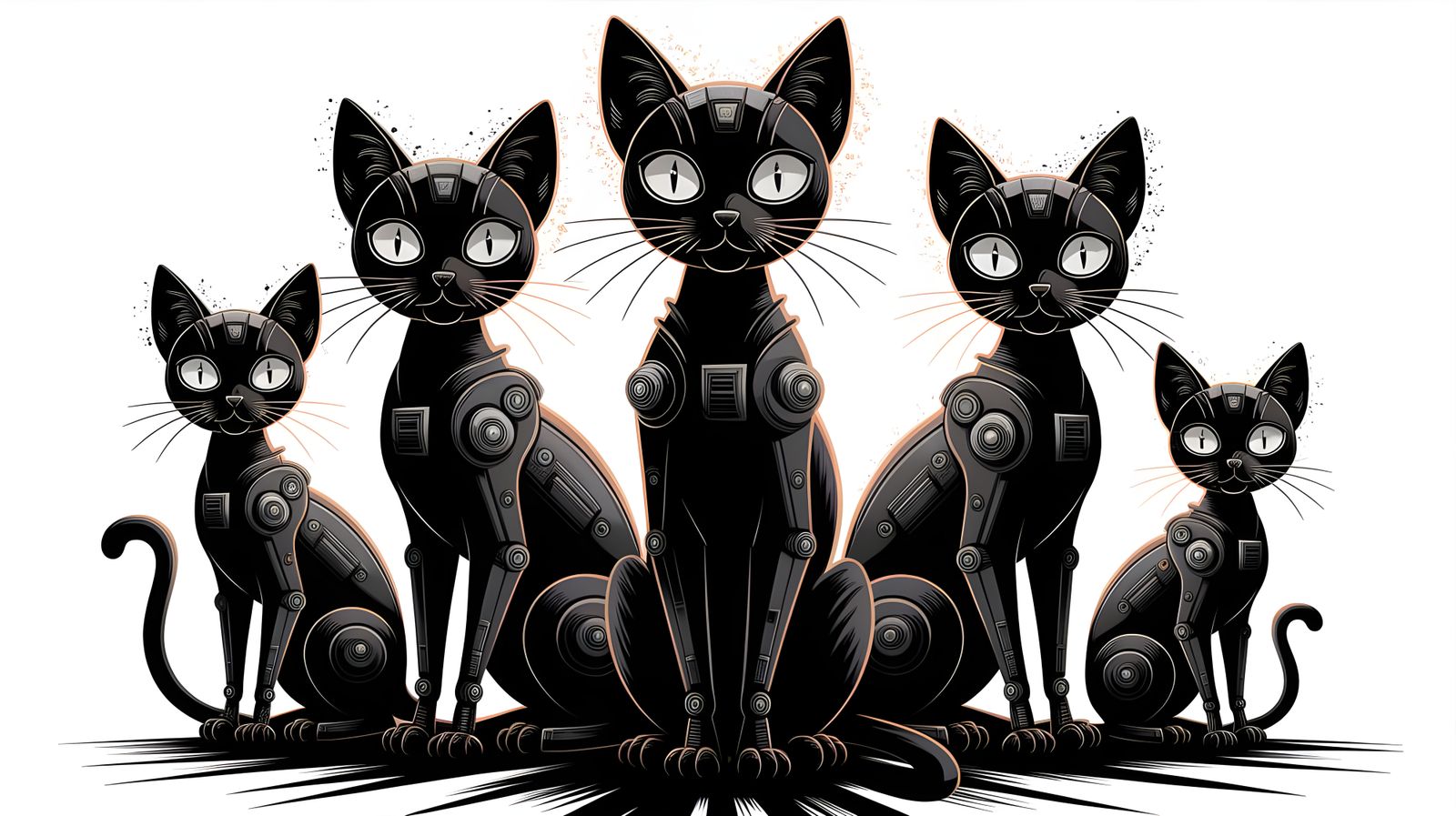 Surreal Cyberpunk Feline Family Portrait in Black and White