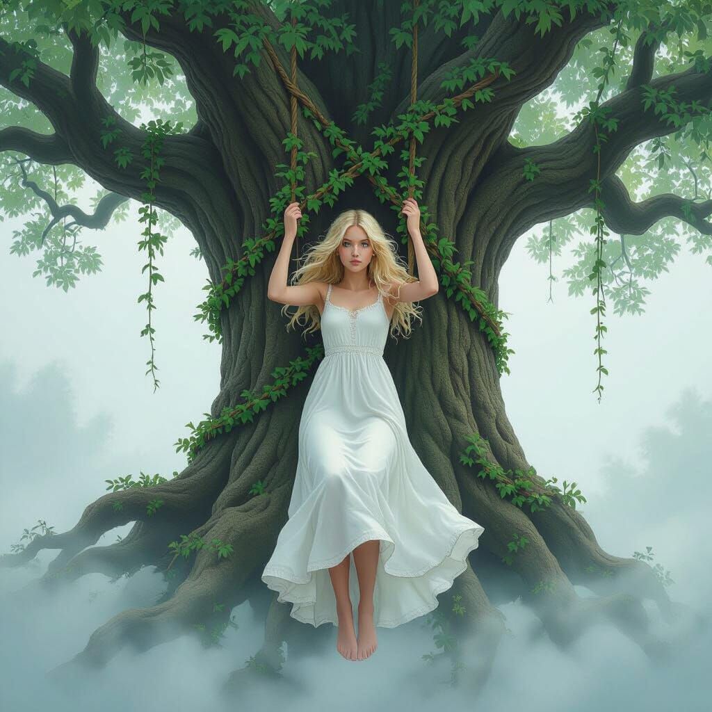 Blonde Girl Suspended by Vines in Mystical Fog