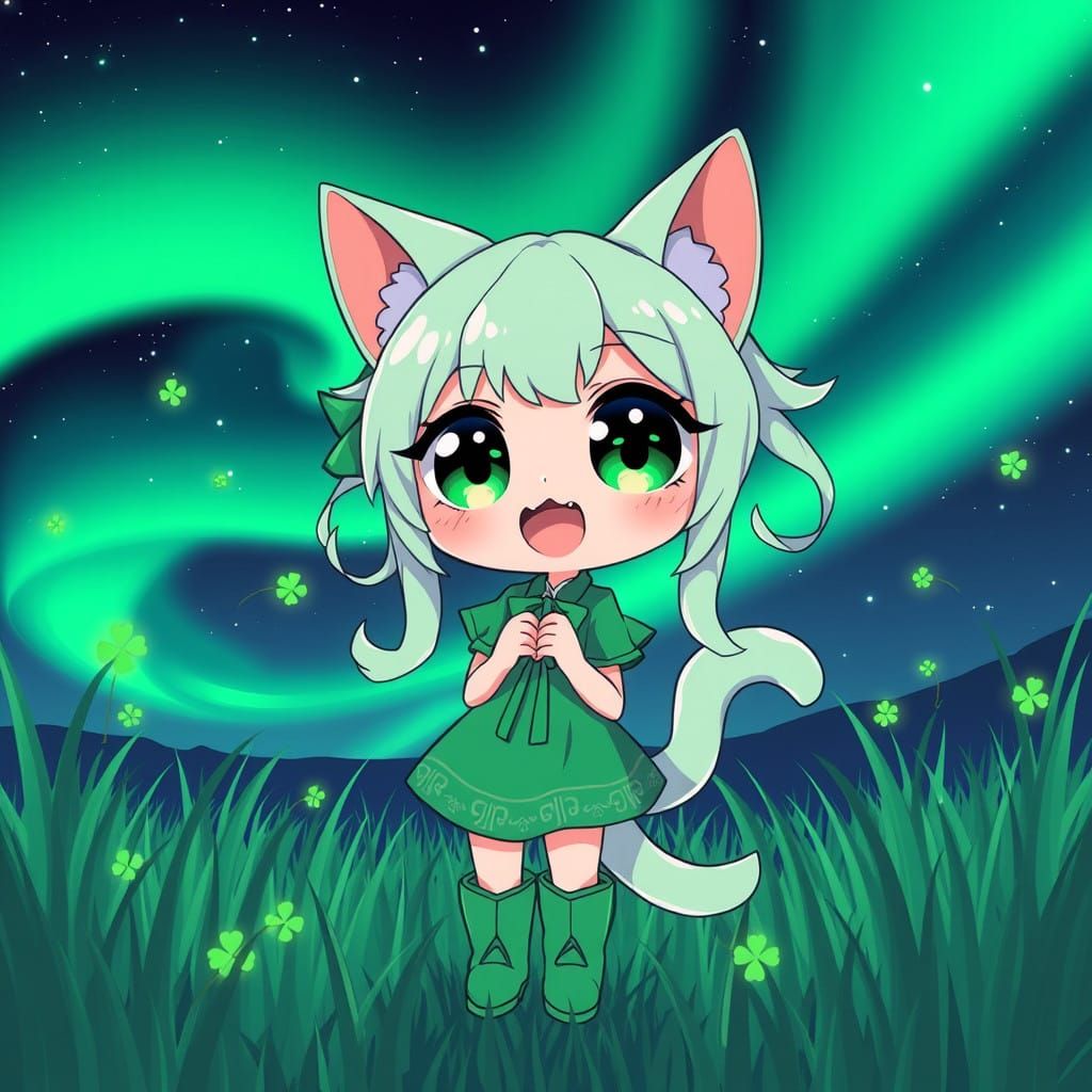 Vibrant Synthwave Catgirl Under the Aurora