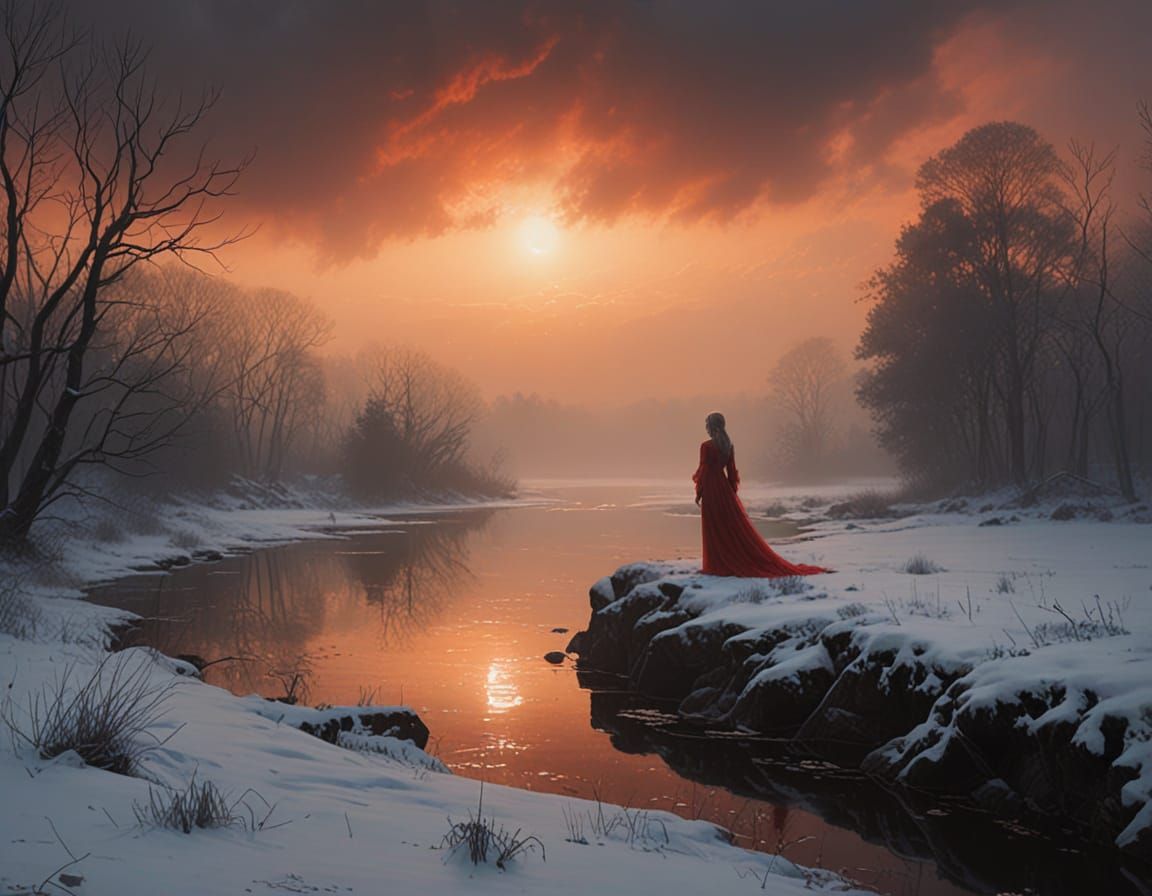 Ethereal Woman in Red Gown, Surrounded by Mystical Mists