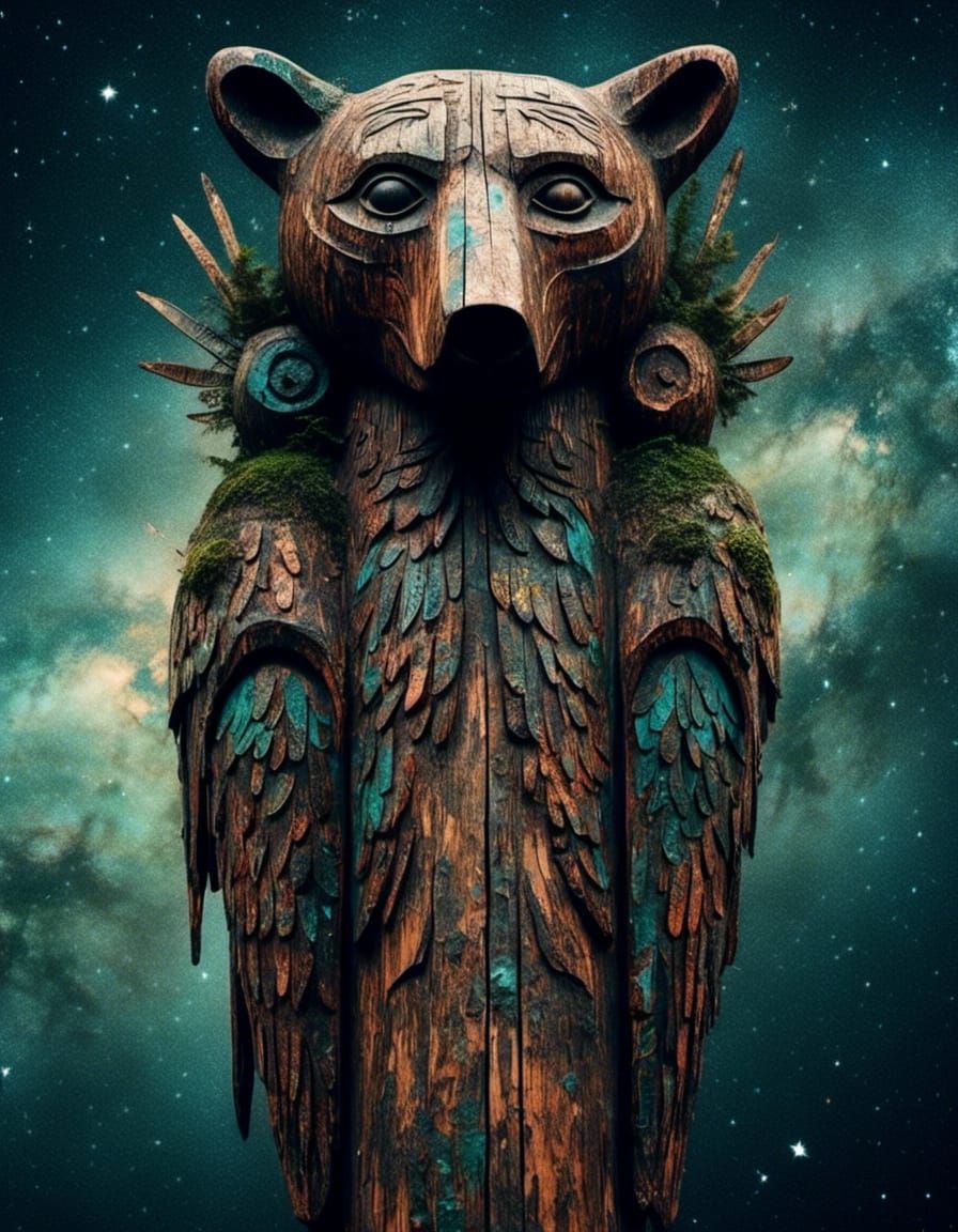 Coast Salish Totem Pole with Bear and Raven