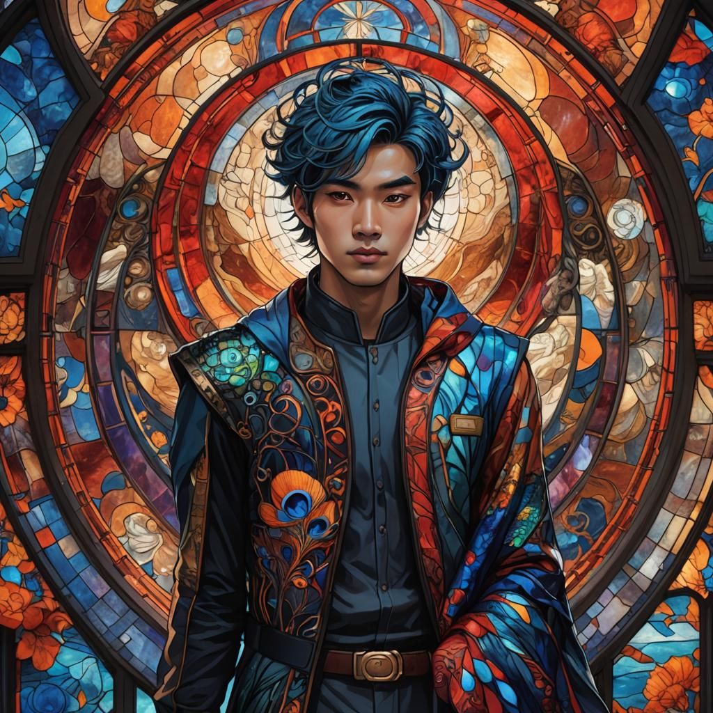 Peacock Prince Before Stained Glass Saturn in Art Nouveau