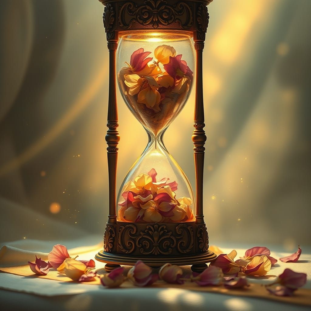 Ornate Hourglass of Falling Petals in Ethereal Light
