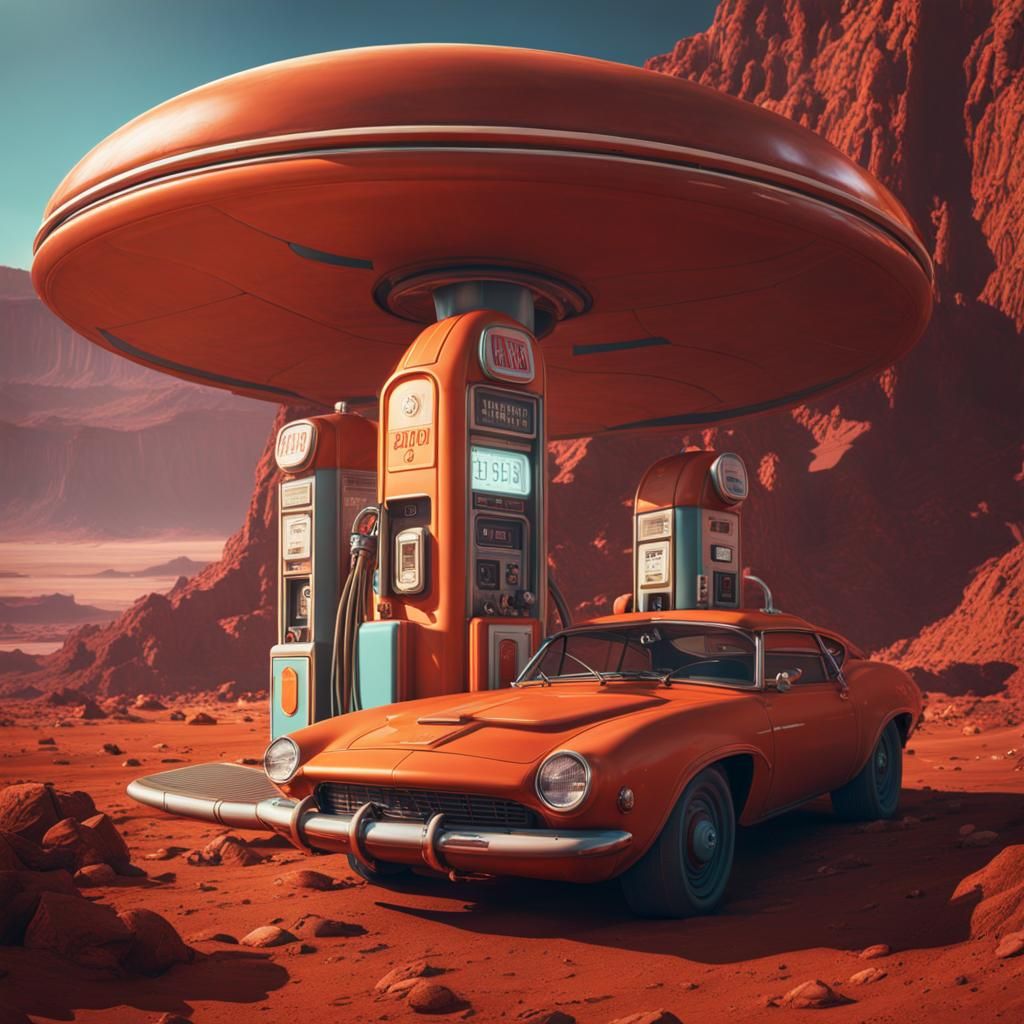 Retro Gas Station on Mars in Detailed Matte Painting