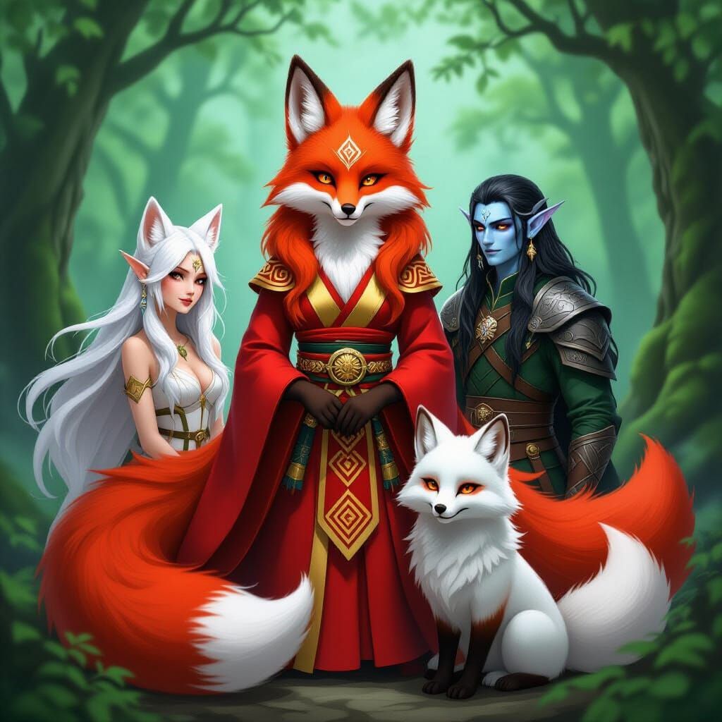 Red Kitsune Surrounded by Mythical Forest Spirits