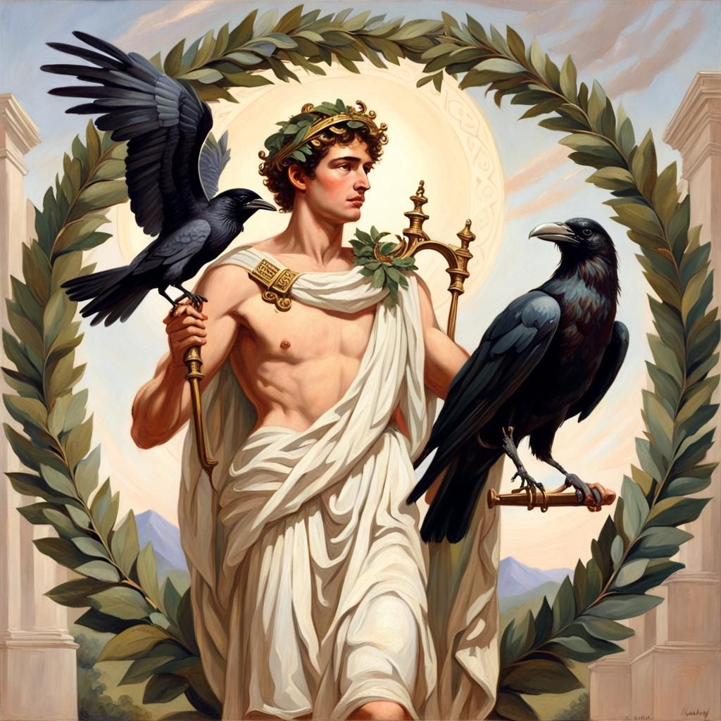 Apollo with Lyre and Raven, Oil Painting