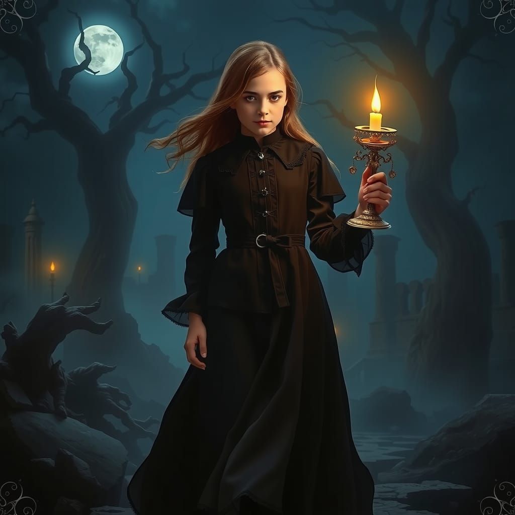 Girl with Candelabra in Mystical Dark Forest