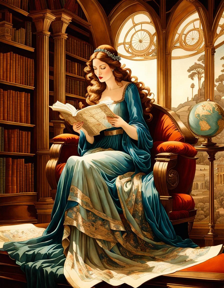 Art Nouveau Woman Reads Ancient Map in Library
