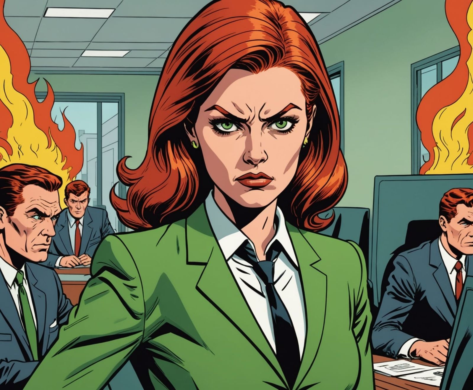 Fiery Redhead Leaving Office, in 1960s Comic Style