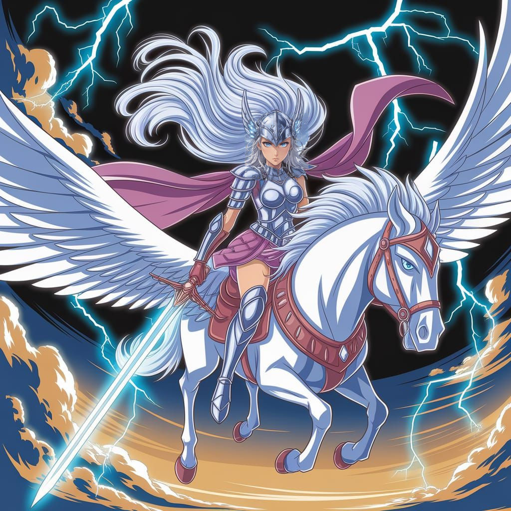 Anime Valkyrie Soaring Through Stormy Skies