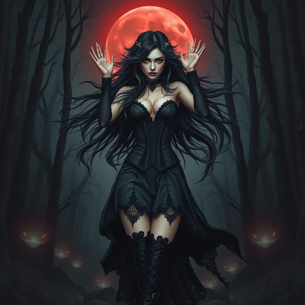 Goth Witch in Dark Forest, Inspired by Brom and Alphonse Muc...