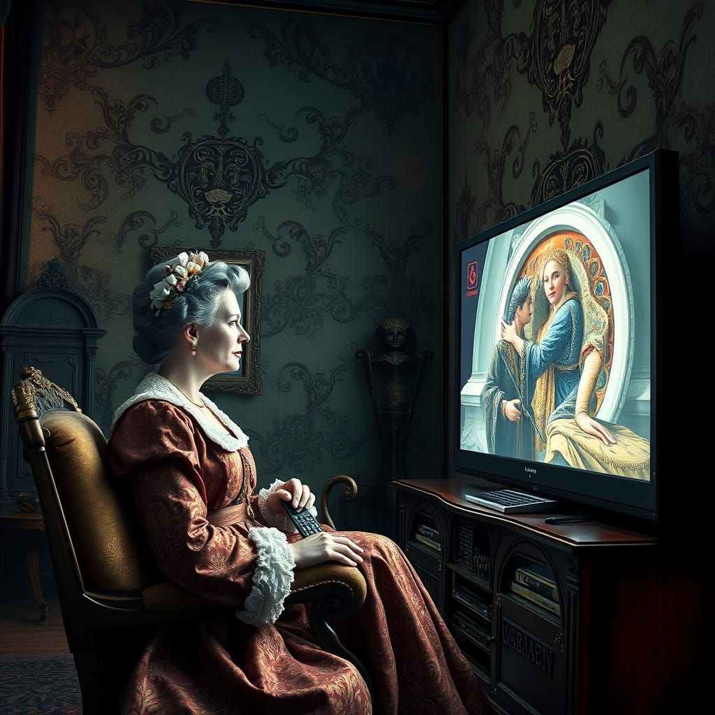 14the Century woman watching Flatscreen Tv