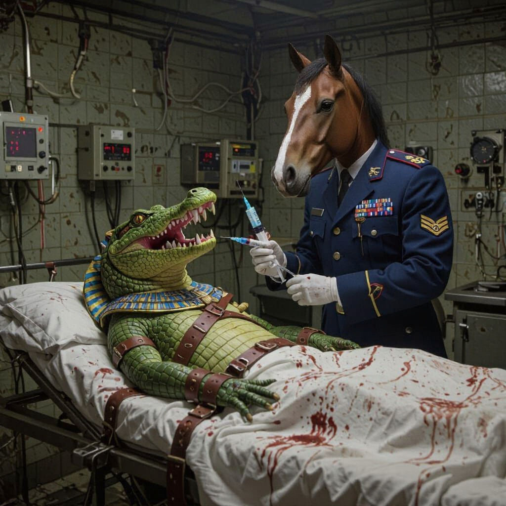 Sobek Tortured by Skeletal Unicorn in Demonic Morgue