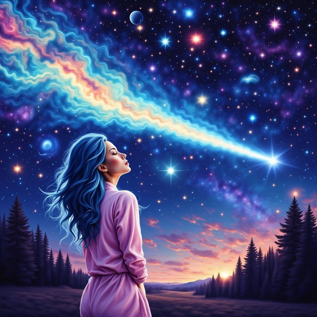 Woman with Blue Hair Watches Comet in Van Gogh Style