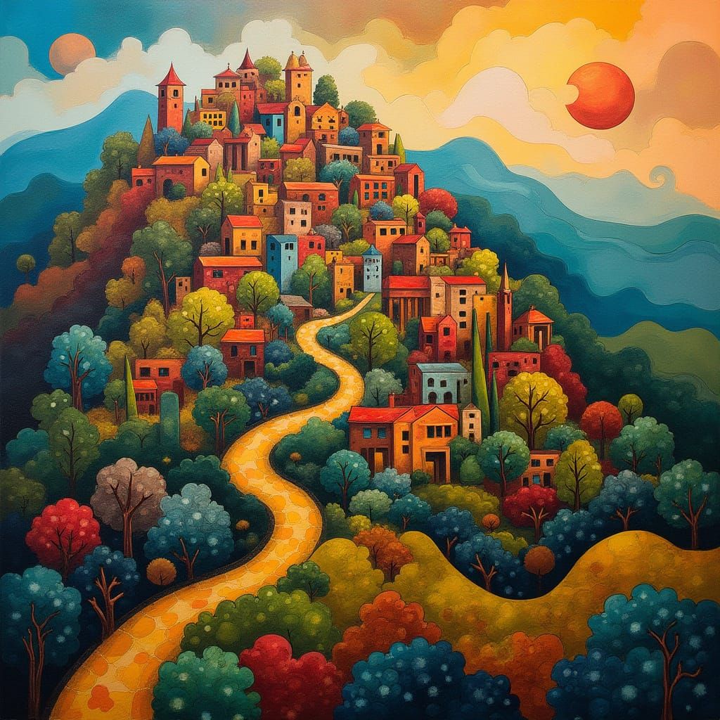 Vibrant Abstract Village on a Hill