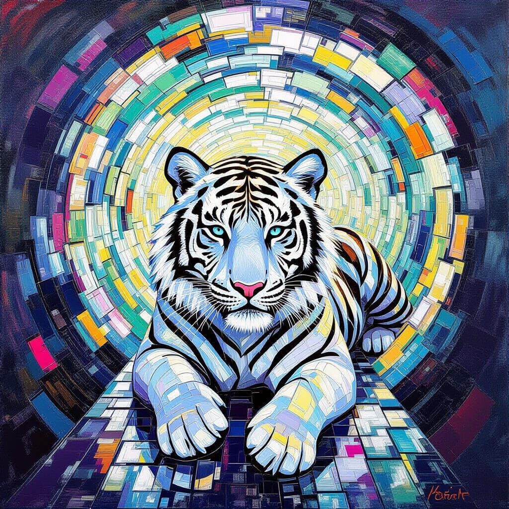 Kaleidoscopic White Tiger in Neo-Impressionist Style