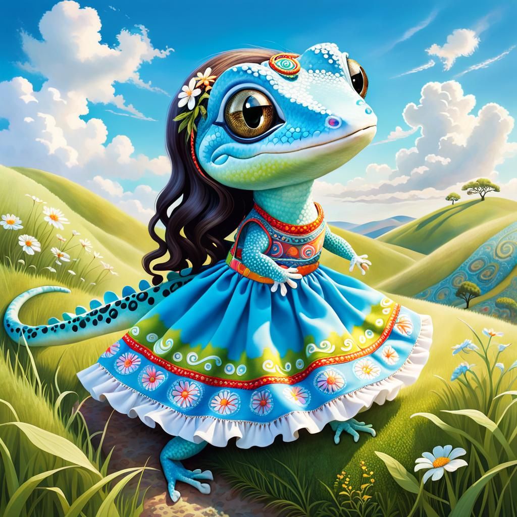 Whimsical Gecko with Hippy Dress in Surreal Style