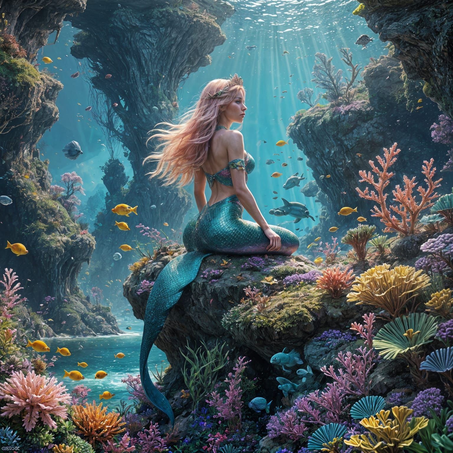 Mermaid in Vibrant Coral Kingdom with Intricate Details