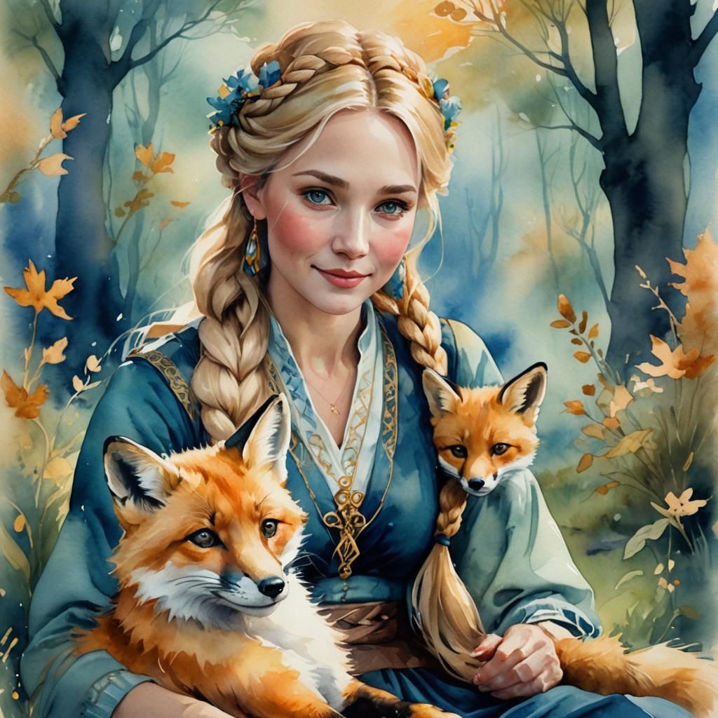 Lady with Fox Cub in Impressionist Watercolor Style