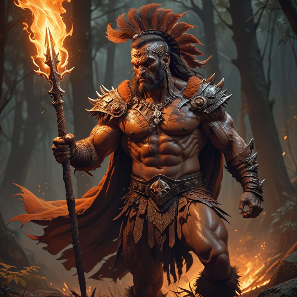 Surreal Barbarian Warrior Confronts Ancient Forest with Flam...