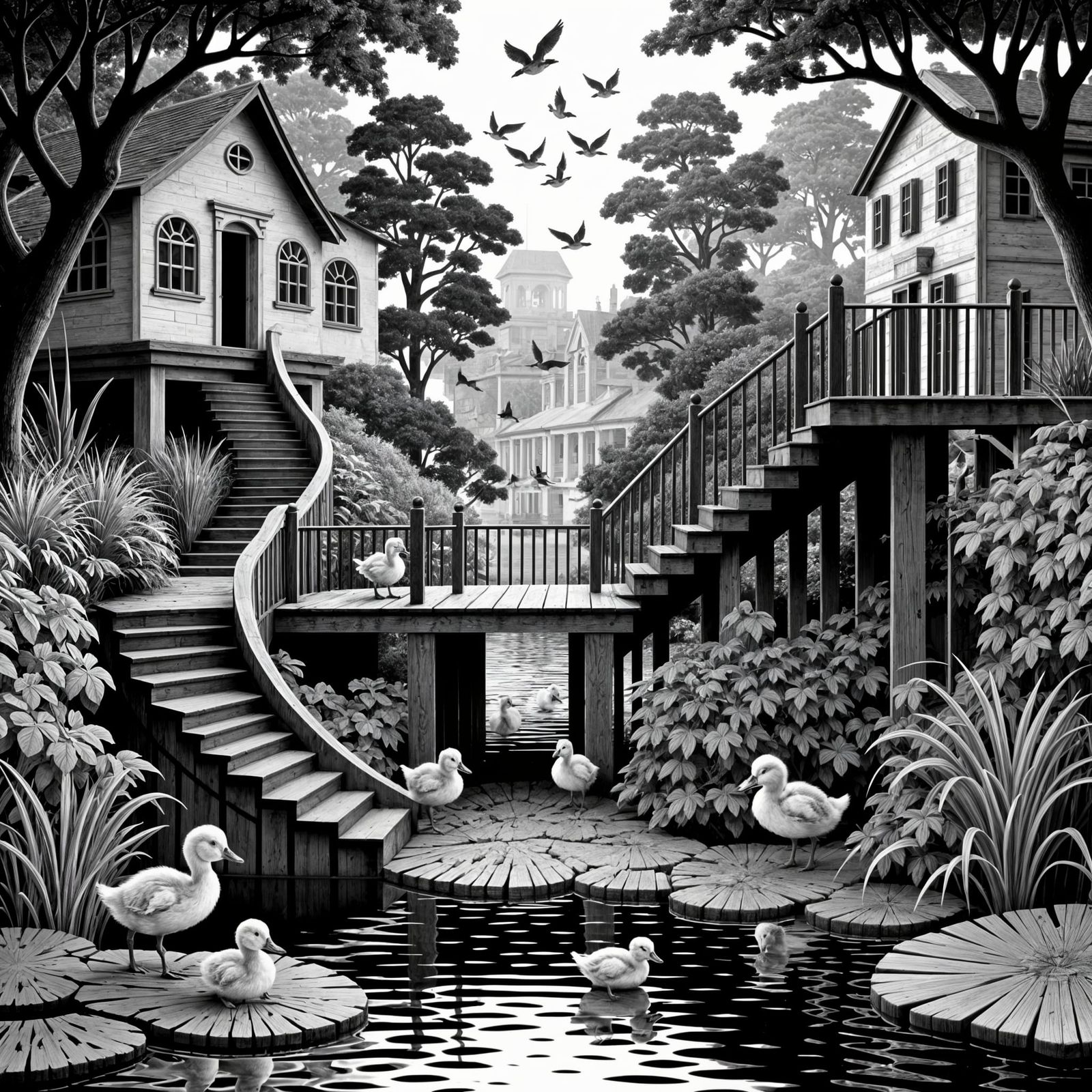 Escher-Inspired Ducklings in Monochrome Woodcut Print