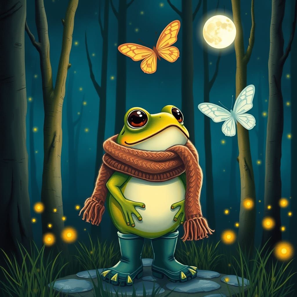 Frog's Night Encounter with Butterfly: Dreamy Illustration