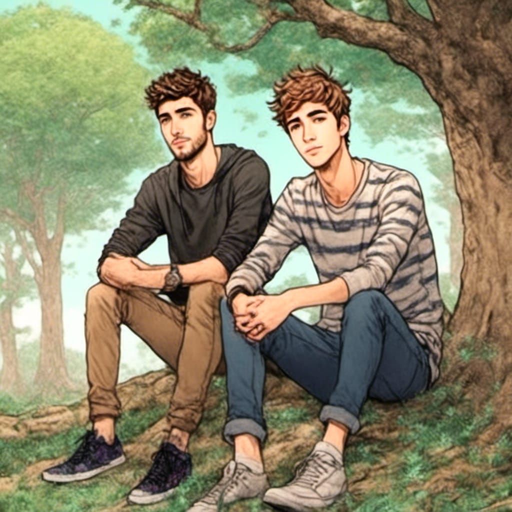 Anime Illustration of Figures Under a Tree