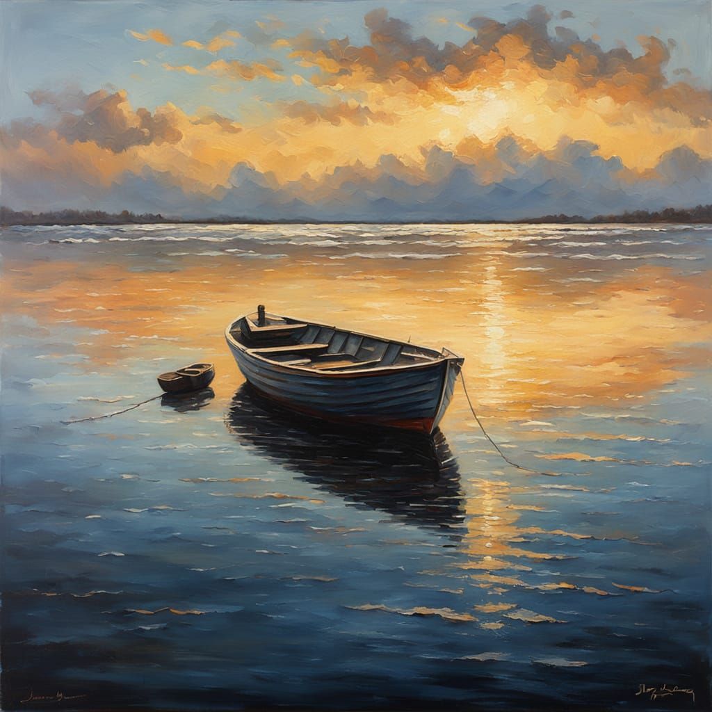 Lone Boat on Calm Water in Atmospheric Oil Painting