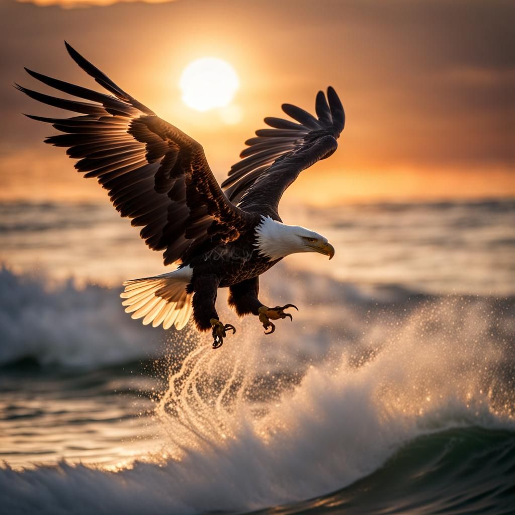 Eagle Flying Over Ocean at Sunset
