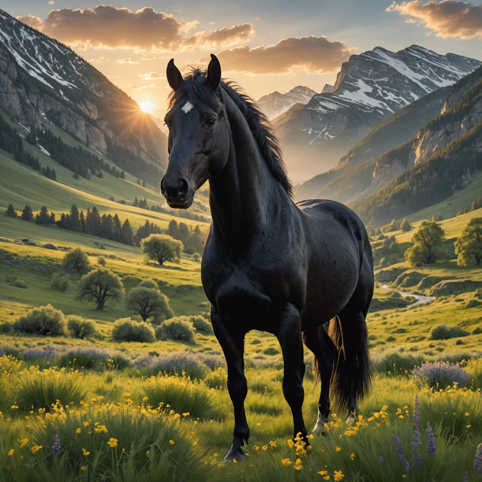 Photorealistic Black Stallion in Mountain Meadow