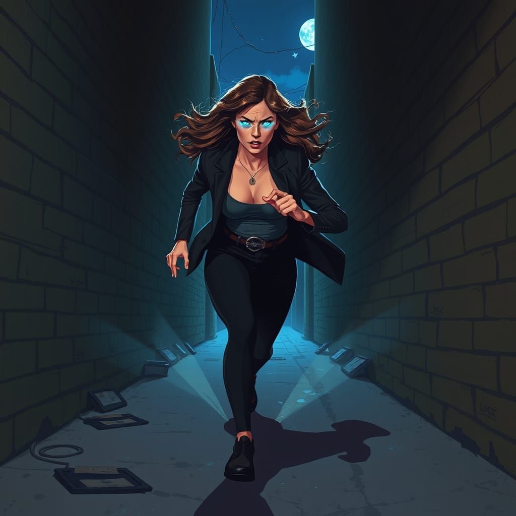 Futuristic Woman Runs from Ominous Threat Under Blue Moonlig...