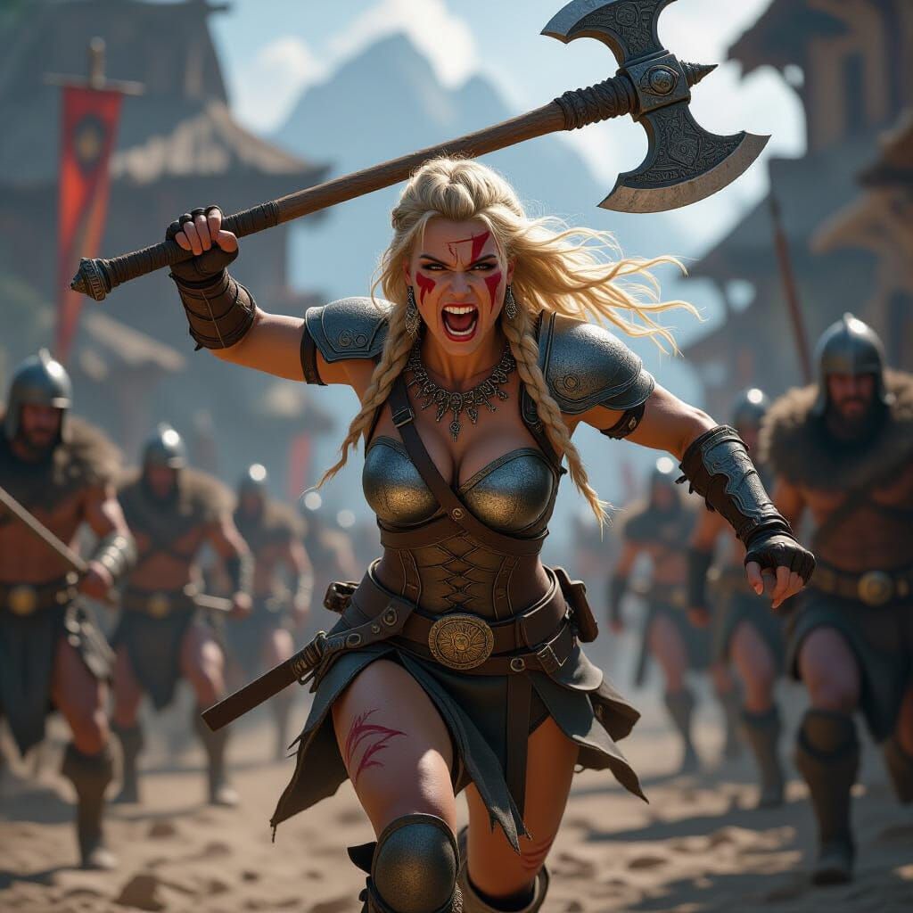 Fierce Blonde Barbarian Woman Charging into Battle