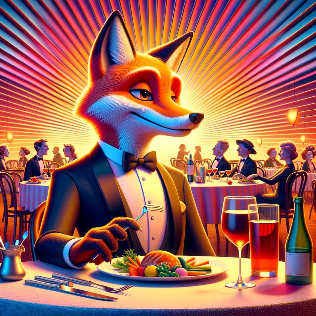 Sophisticated Fox in a Tuxedo at a Dinner Party