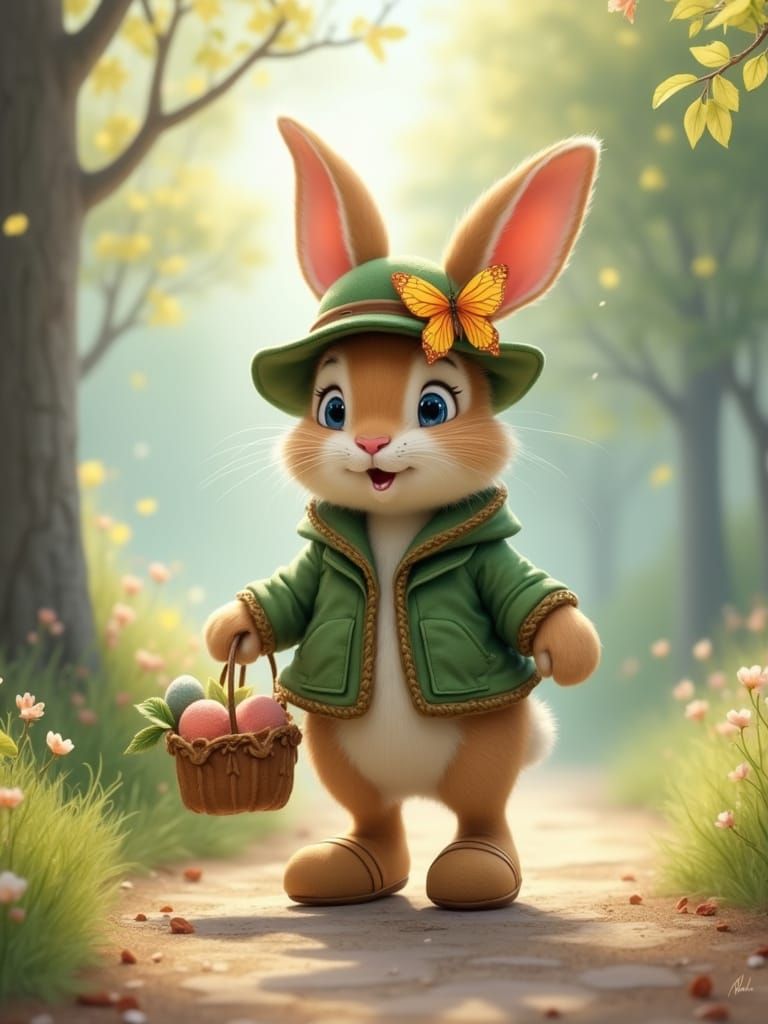 Whimsical Cartoon Rabbit Strolls in Meadow