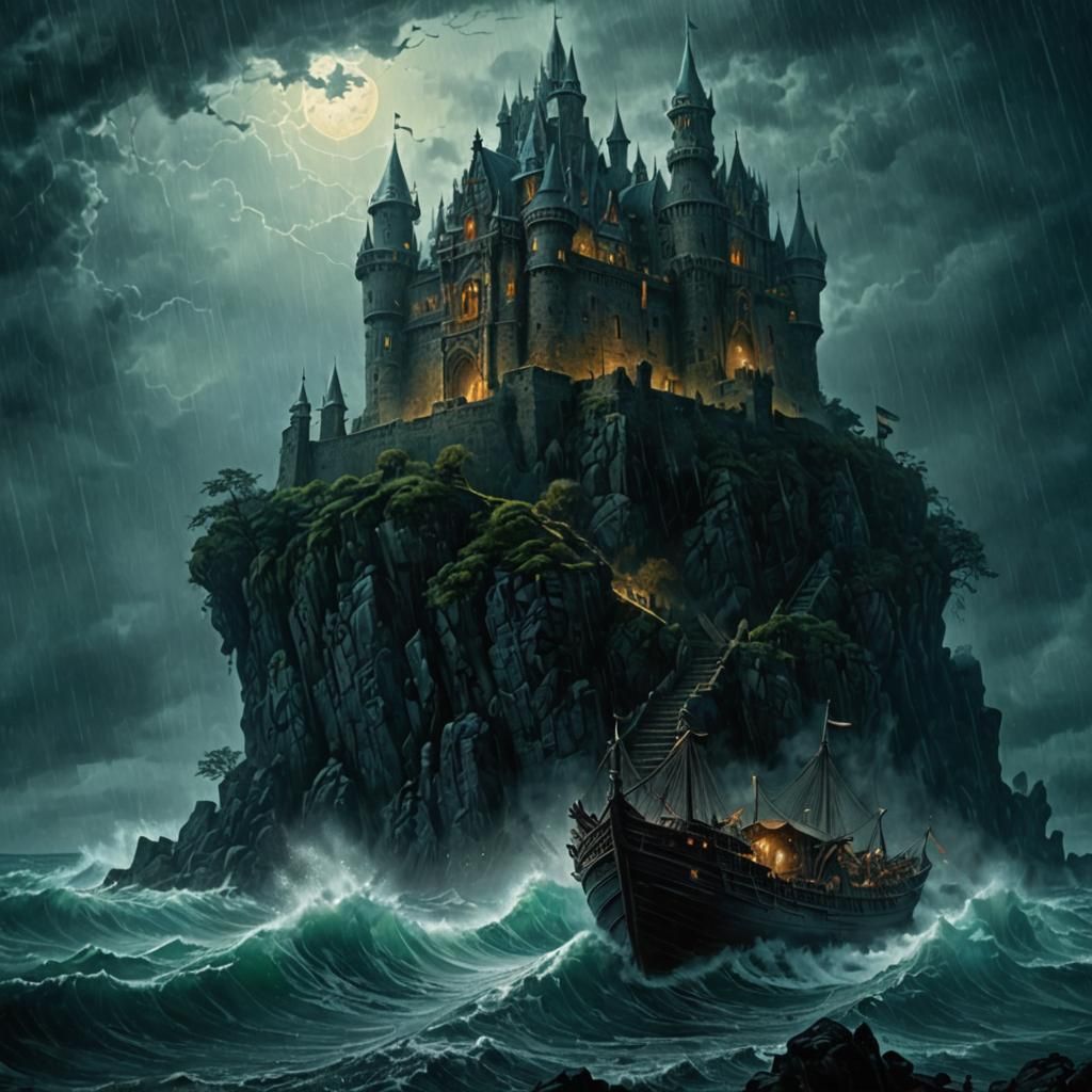 Eerie Castle on Stormy Island: A Gothic Horror Scene
