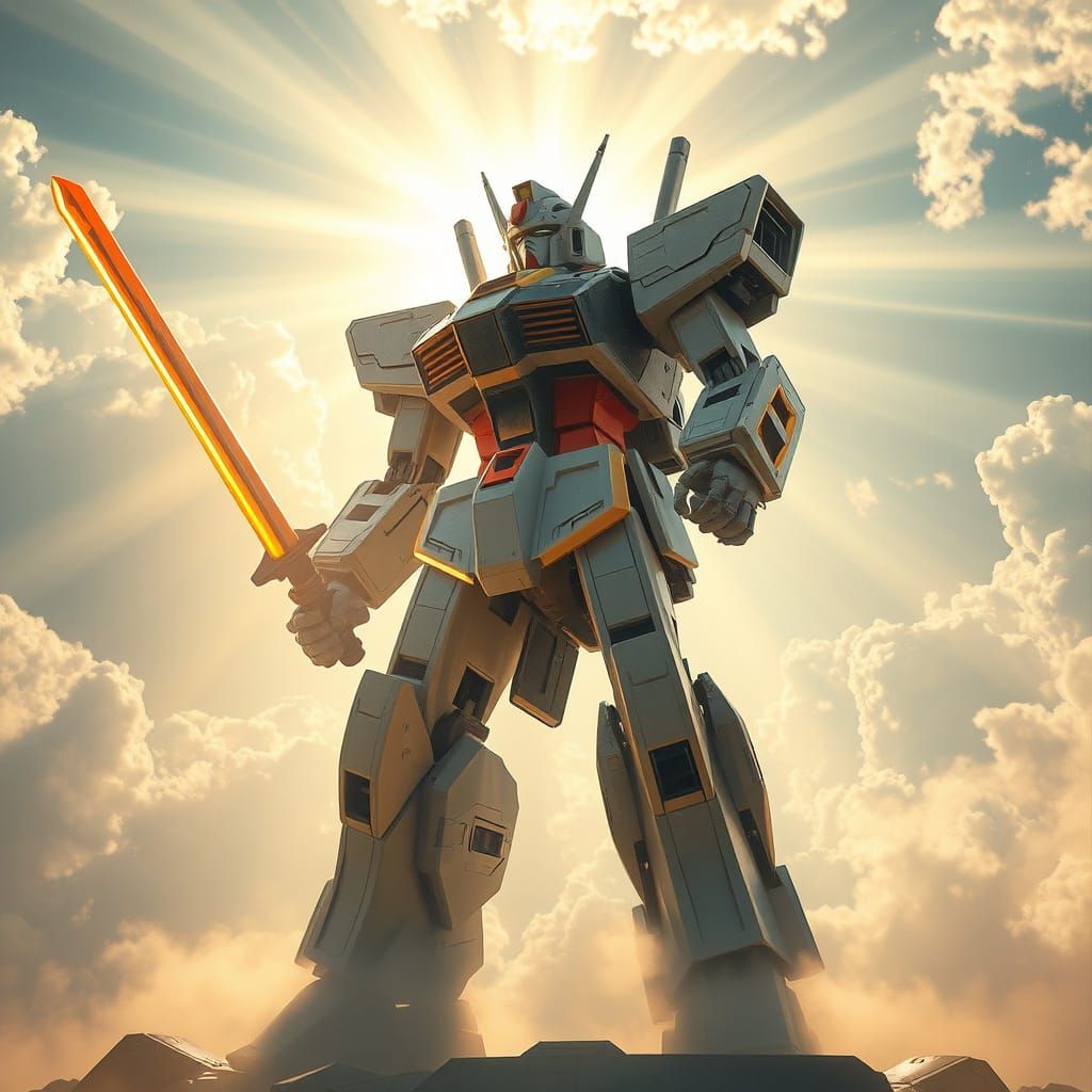 Colossal Mecha With Glowing Sword and Missile Fist