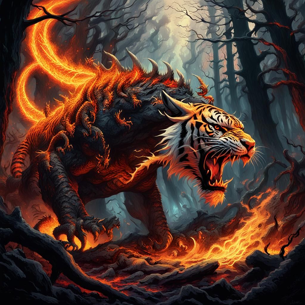 Dragon and Tiger Clash in Smoldering Forest