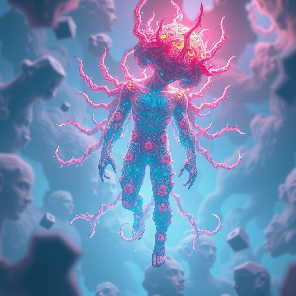 Autonomous Fractal Being in Dreamlike Neon Landscape