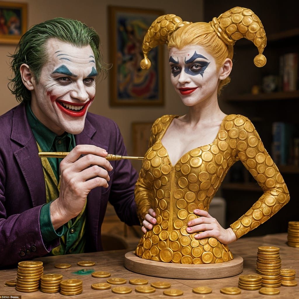 Joker Creates Harlequin Statue from Gold Coins