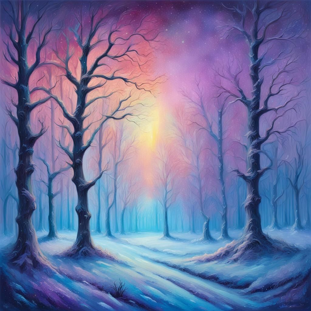 Frosty Winter Park in Surreal Oil Painting Style
