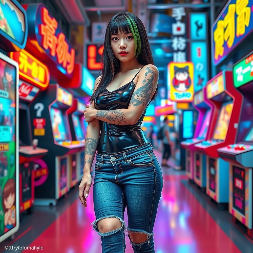 Confident Gamer Girl in Tokyo Arcade