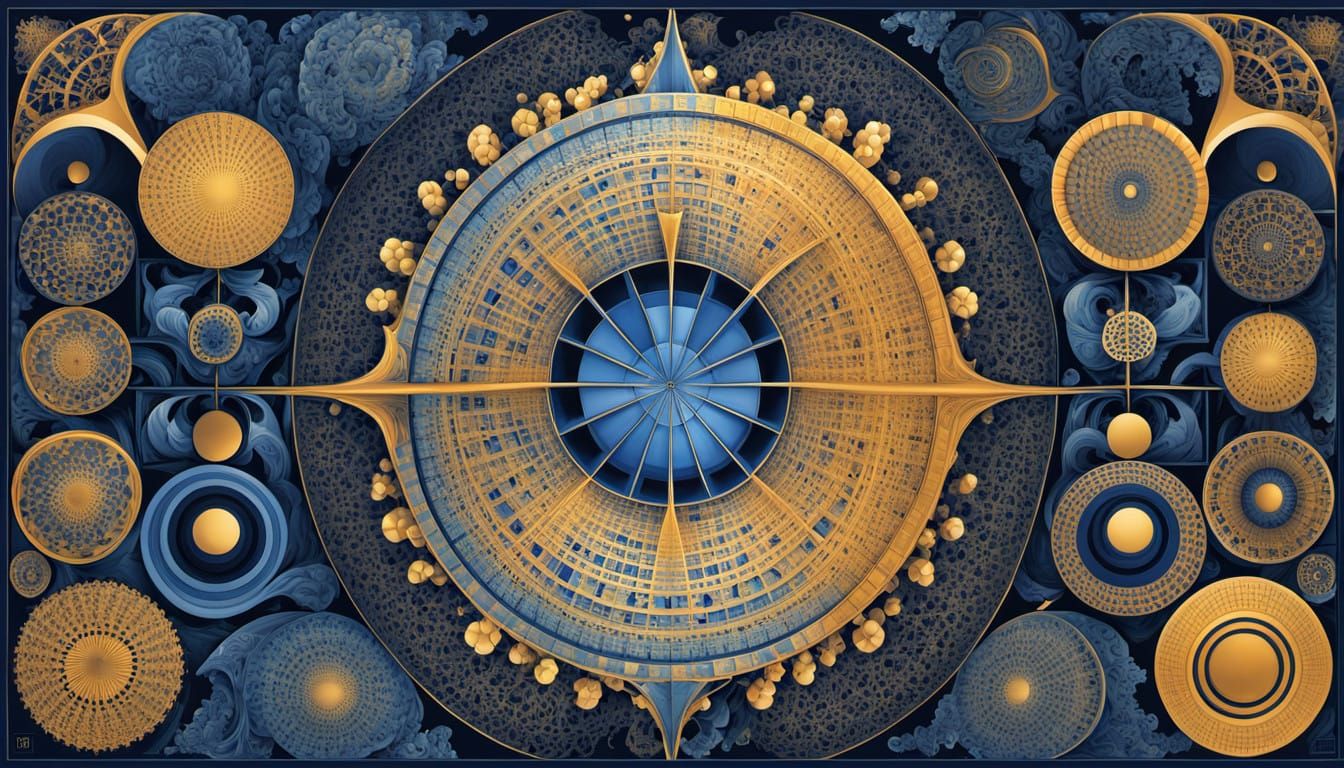 Vibrant Fractal Art in Delft Blue and Golden Ratio