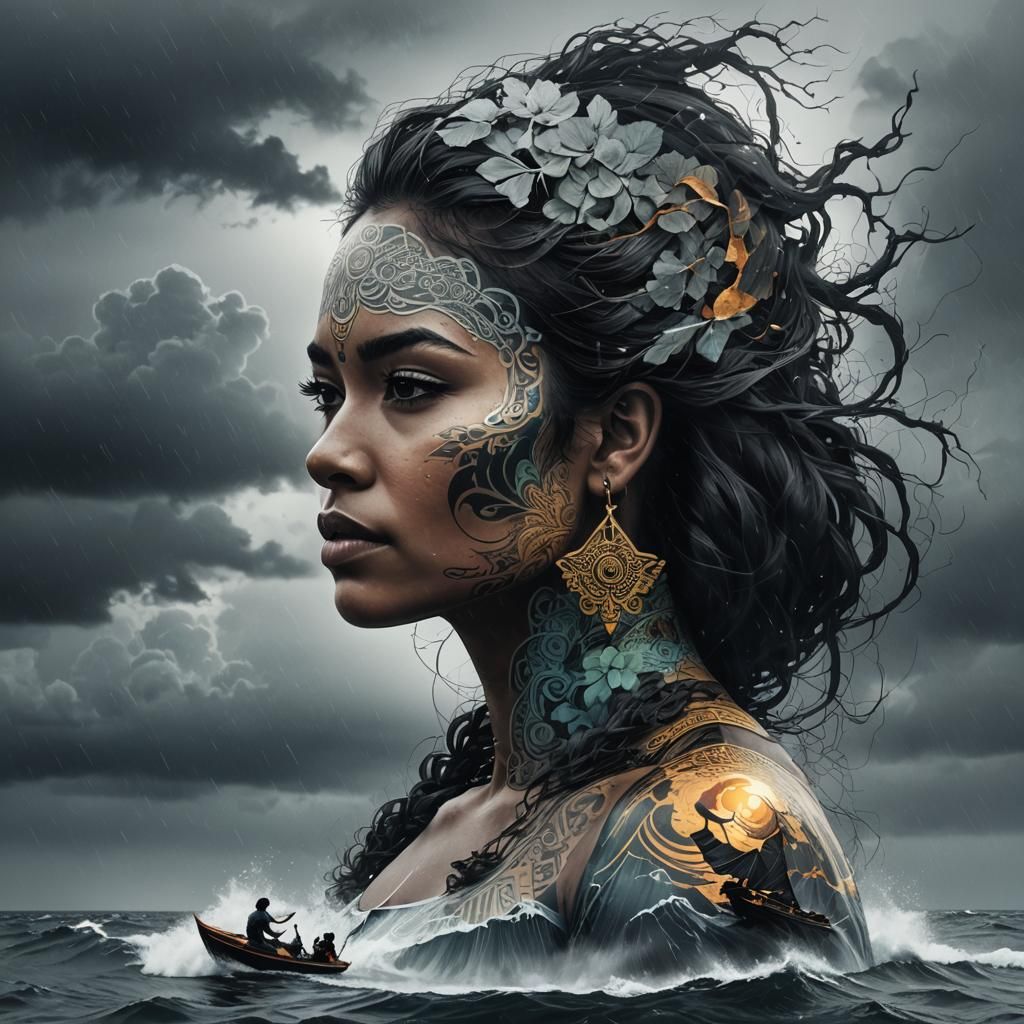 Polynesian Silhouette Double Exposure on Stormy Sea