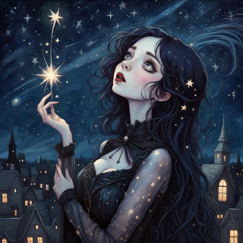 Gothic Goddess Under a Starry Night Sky